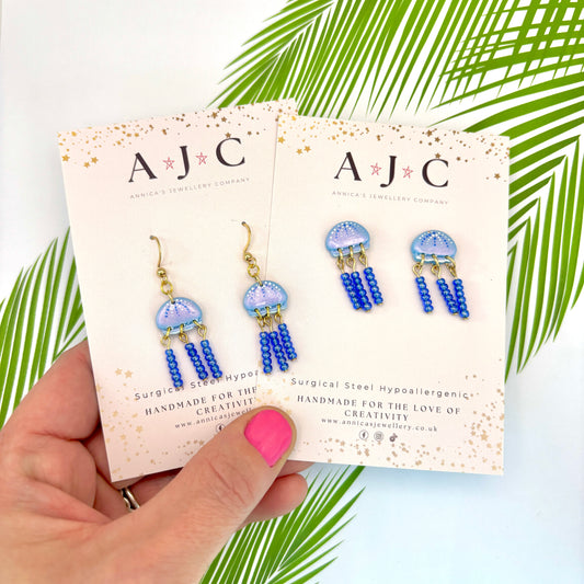 Baby Blue Iridescent and Dark Blue Beaded Jellyfish