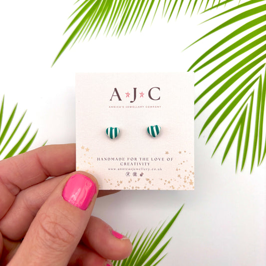 Micro Teal and White Stripe Hearts
