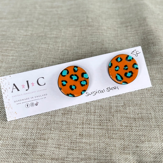 Small Orange and Blue Leopard Print Studs