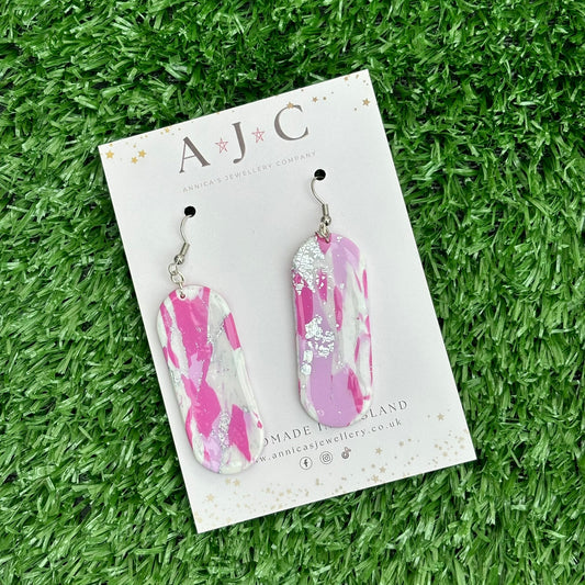 Pink, White and Silver Ripple Oval Dangle