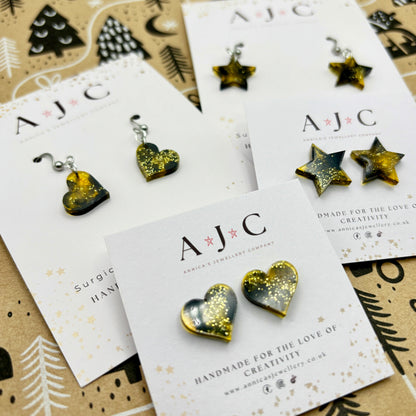 Gold Yellow and Black Mottle Resin Hearts