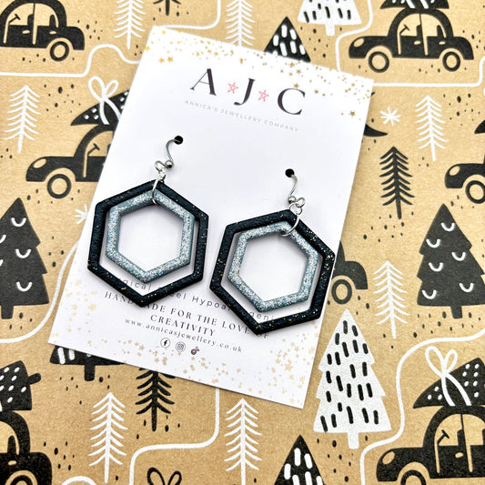 Black And Silver Hollow Hex Dangle