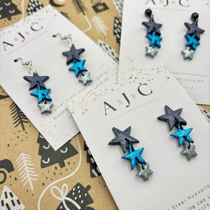 Black Blue And Silver Glitter Star Dangles