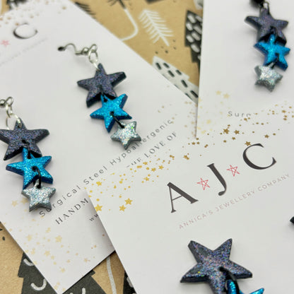 Black Blue And Silver Glitter Star Dangles