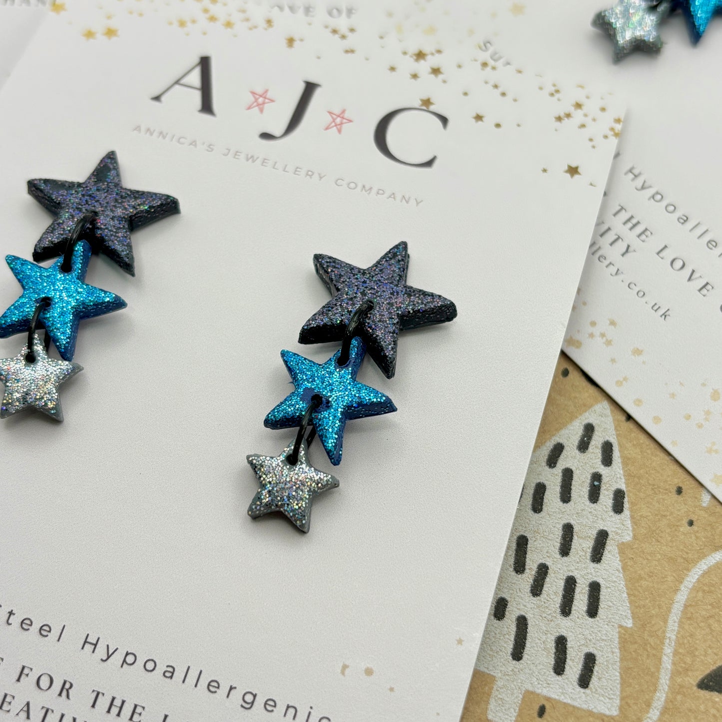 Black Blue And Silver Glitter Star Dangles