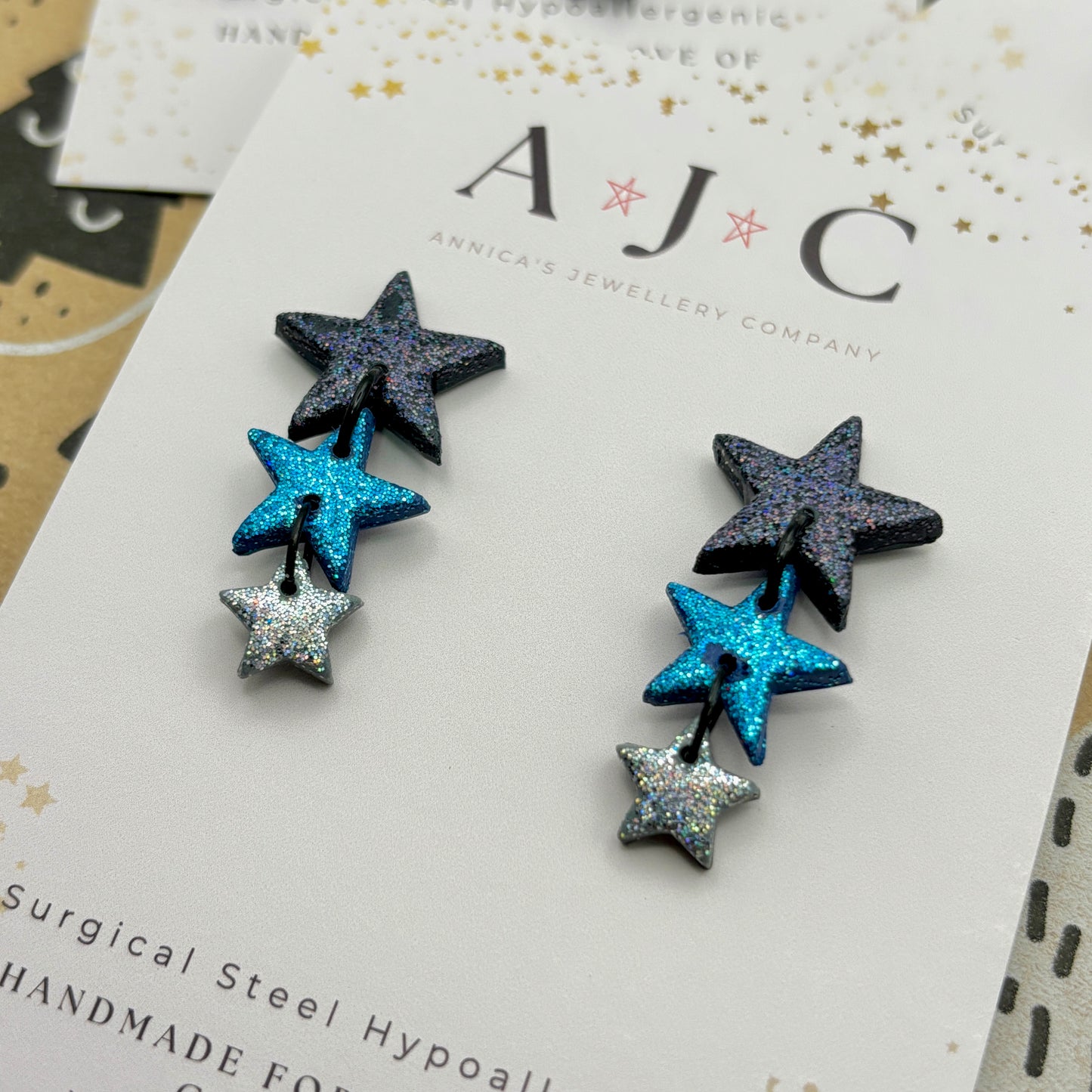 Black Blue And Silver Glitter Star Dangles