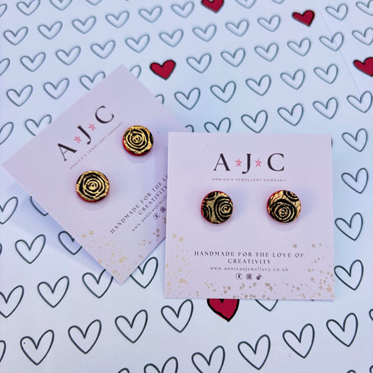 Red Circle topped with Gold Foil and Black Rose Print