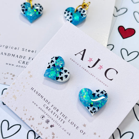 Blue Holographic Resin Hearts with Navy Heart Print