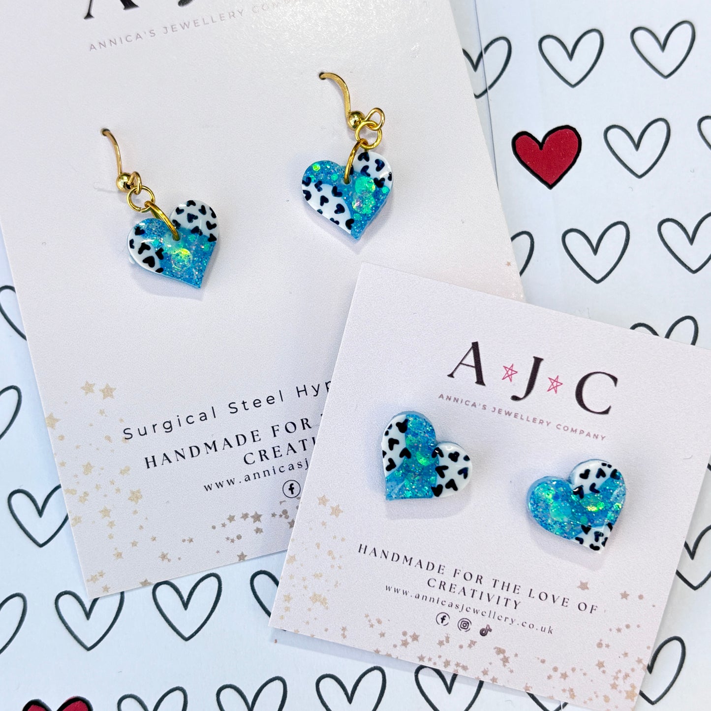 Blue Holographic Resin Hearts with Navy Heart Print