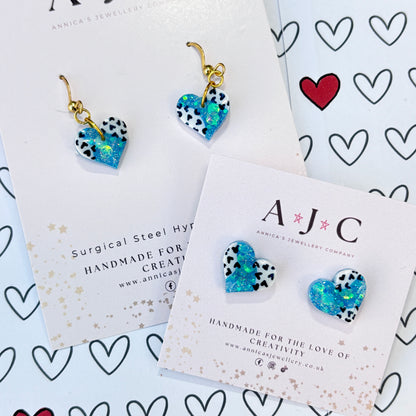 Blue Holographic Resin Hearts with Navy Heart Print