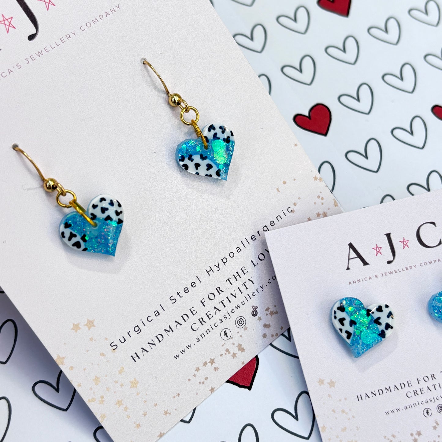 Blue Holographic Resin Hearts with Navy Heart Print