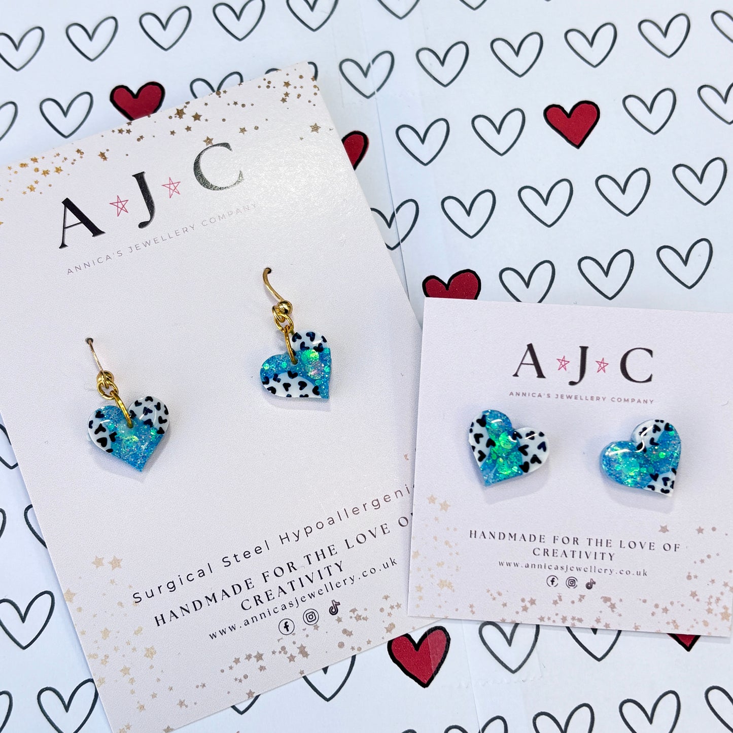 Blue Holographic Resin Hearts with Navy Heart Print