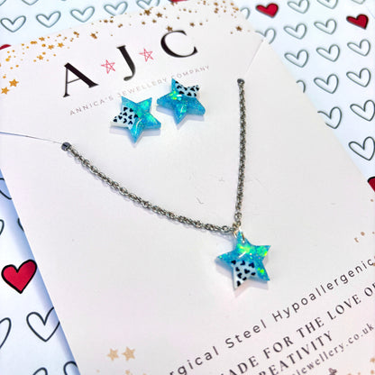 Blue Holographic Resin Stars with Navy Heart Print