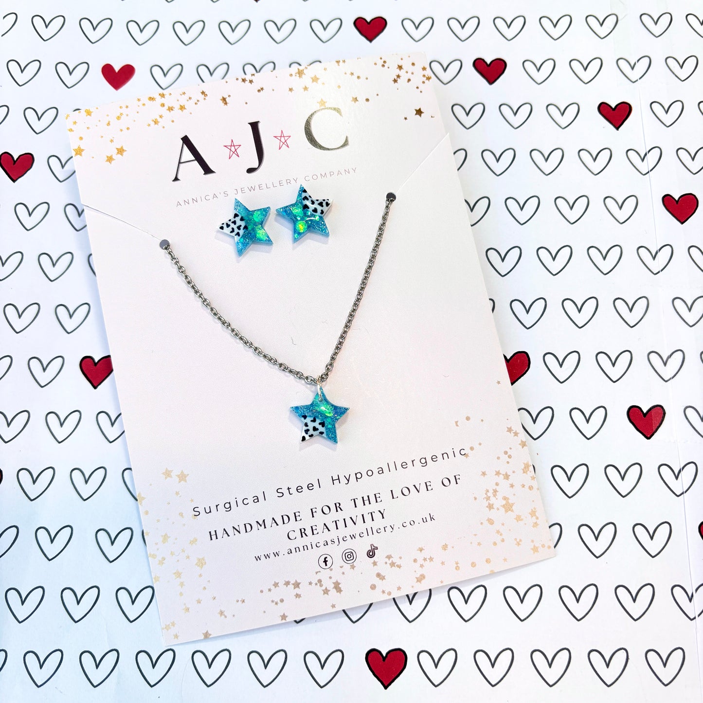 Blue Holographic Resin Stars with Navy Heart Print