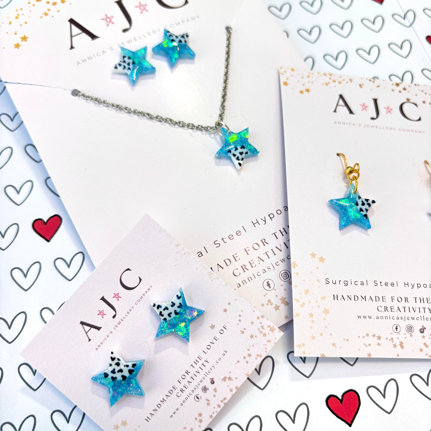 Blue Holographic Resin Stars with Navy Heart Print