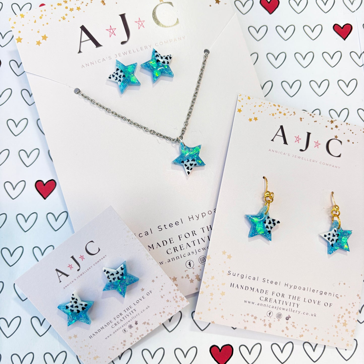 Blue Holographic Resin Stars with Navy Heart Print