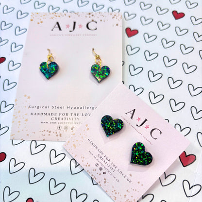 Black and Green Holographic Resin Hearts