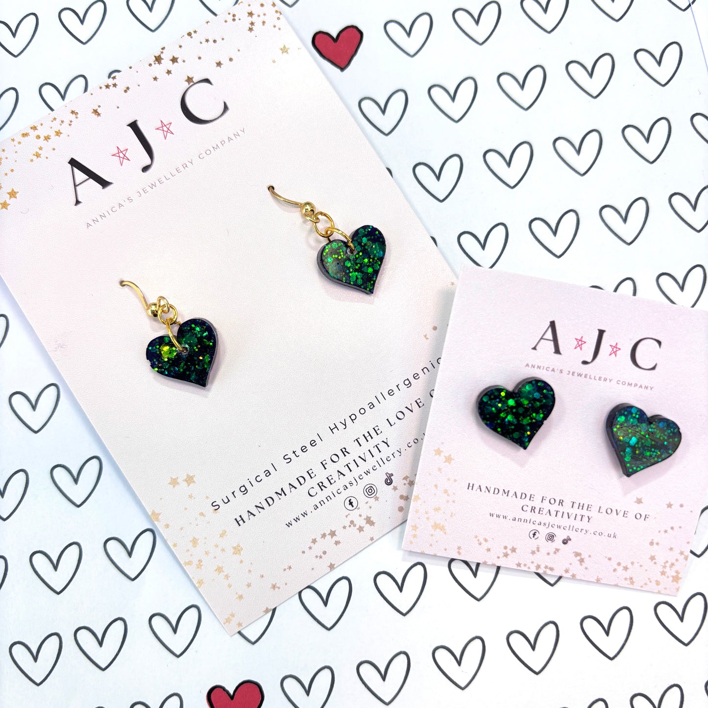 Black and Green Holographic Resin Hearts