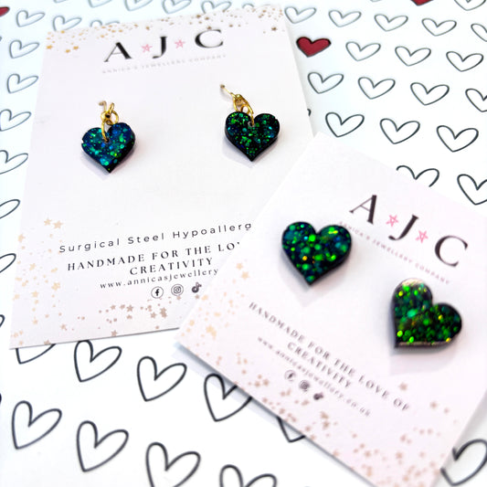 Black and Green Holographic Resin Hearts