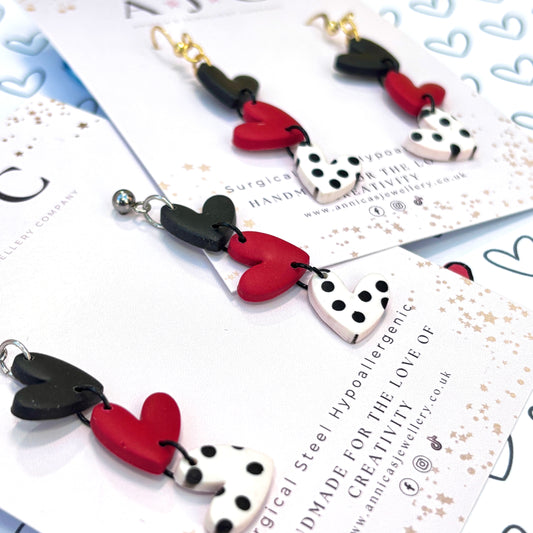 Triple Heart in Matte Red, Black and Black and White Spots