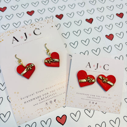 Red Texture Heart with Gold Glitter Wrapped Bow