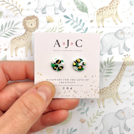 White Pink and Green Leopard Print Circle Studs