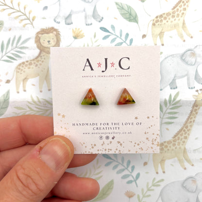 Mini Red, Green and Yellow Marble Triangle Studs
