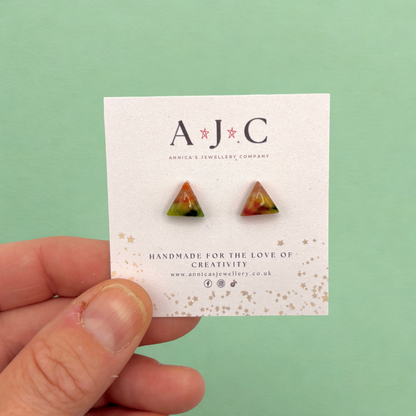 Mini Red, Green and Yellow Marble Triangle Studs