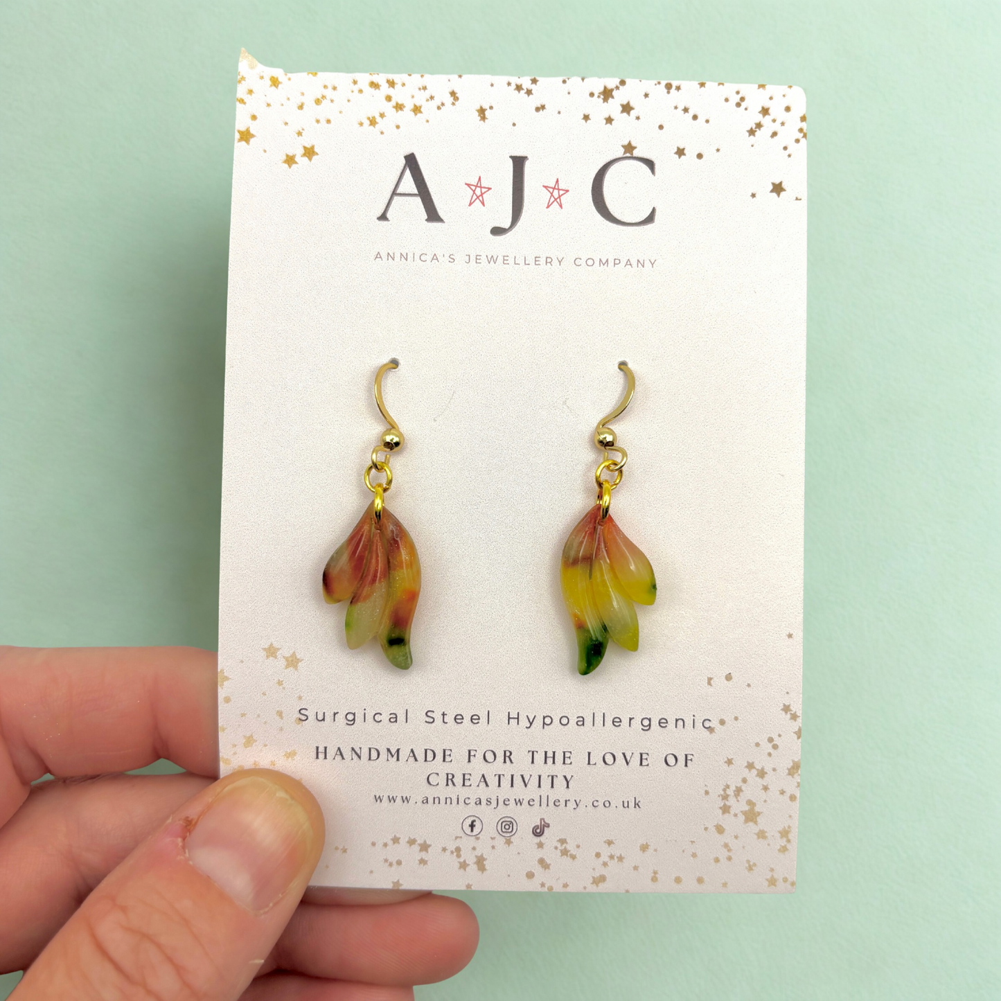 Red Yellow and Green Marble Triple Teardrop Dangle