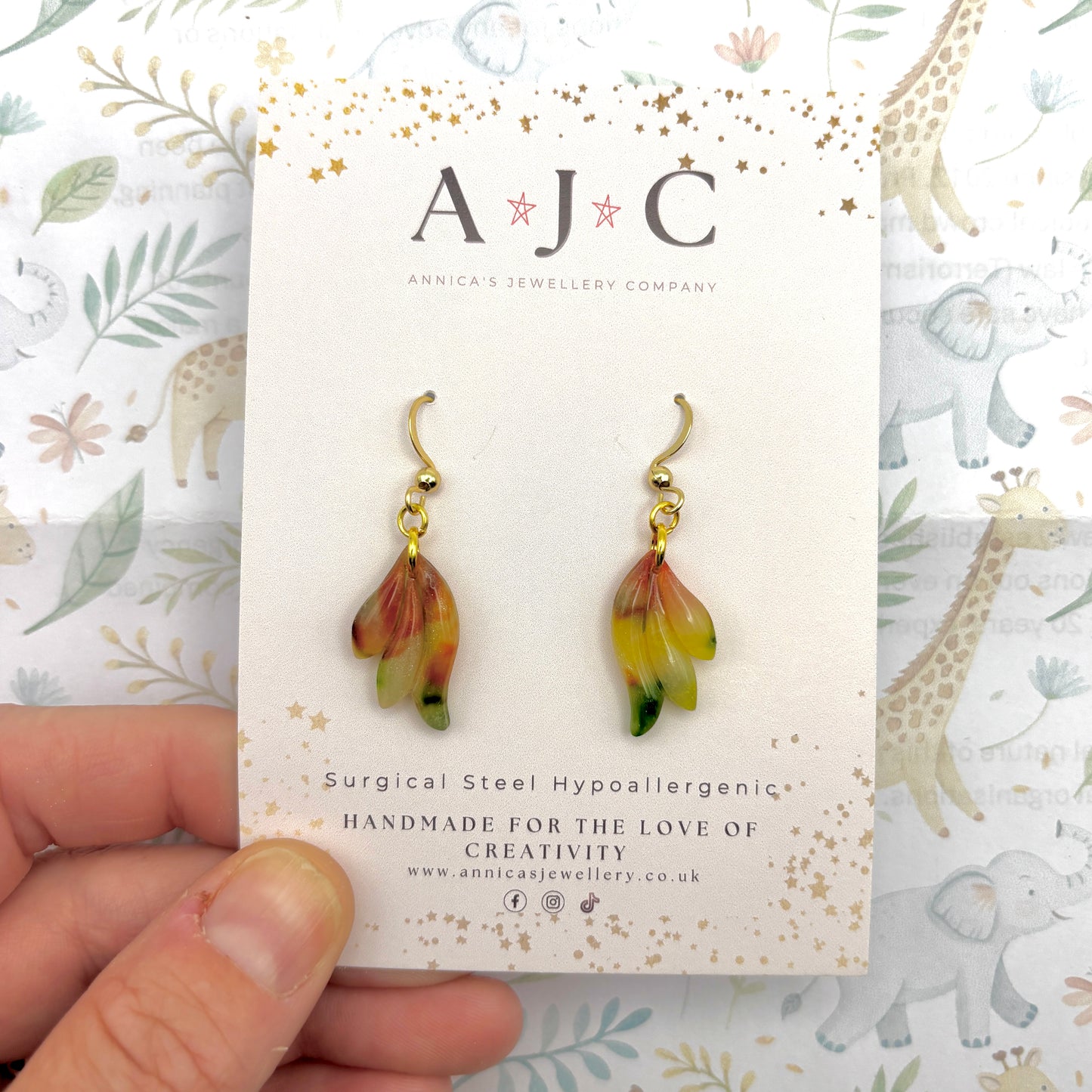 Red Yellow and Green Marble Triple Teardrop Dangle