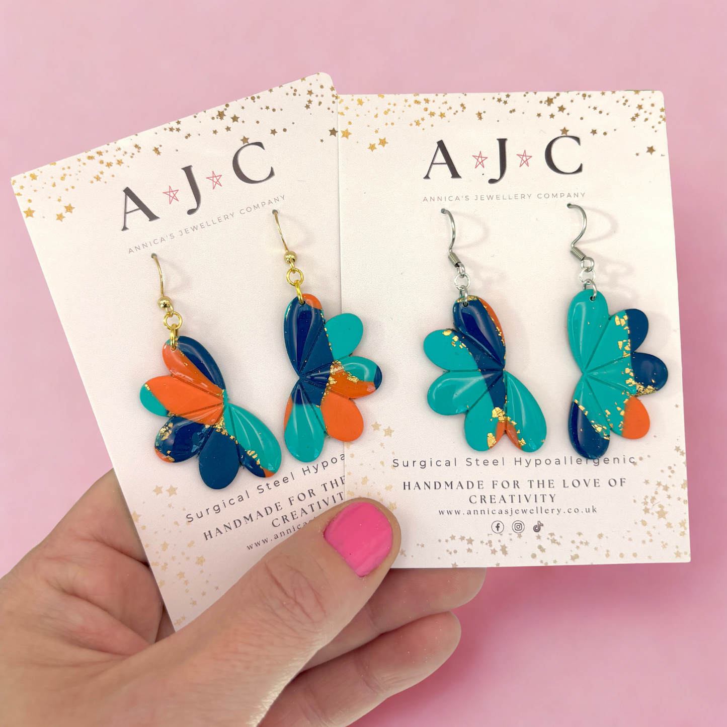 Turquoise Orange Navy and Gold Marbled Half Flower Dangle