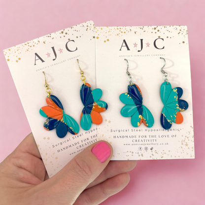 Turquoise Orange Navy and Gold Marbled Half Flower Dangle