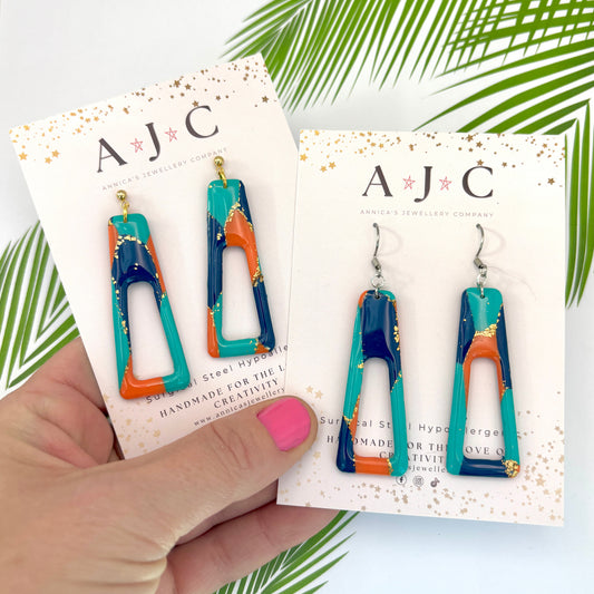 Turquoise Orange Navy and Gold Marbled Hollow Dangle
