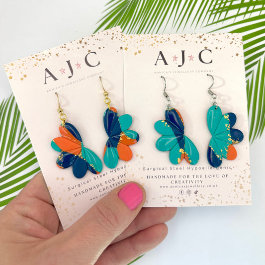Turquoise Orange Navy and Gold Marbled Half Flower Dangle